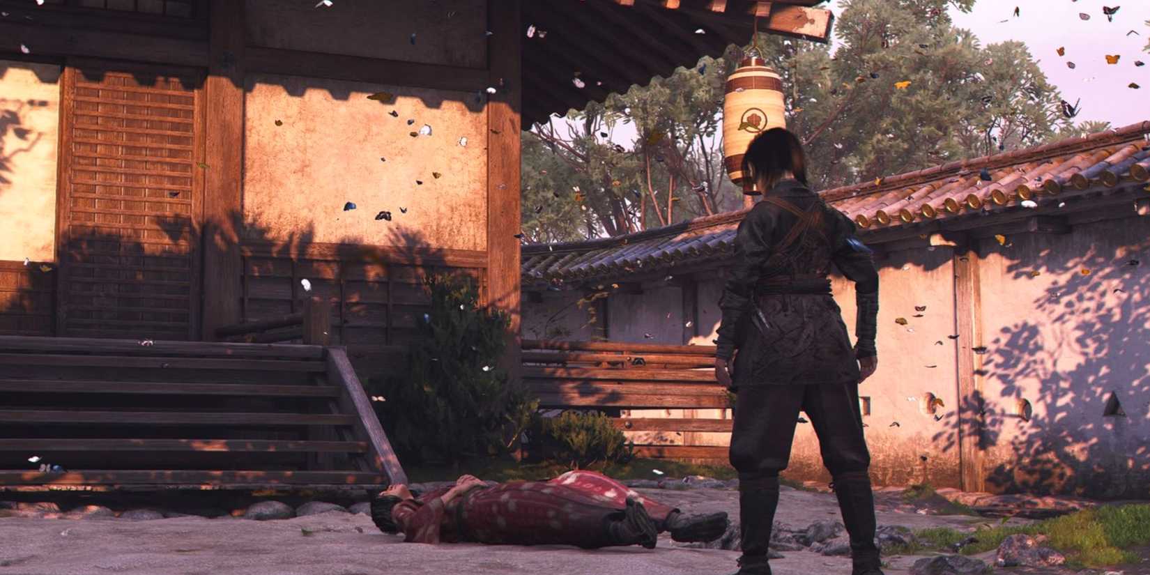 AC Shadows Butterfly Collector Dead with Naoe standing over