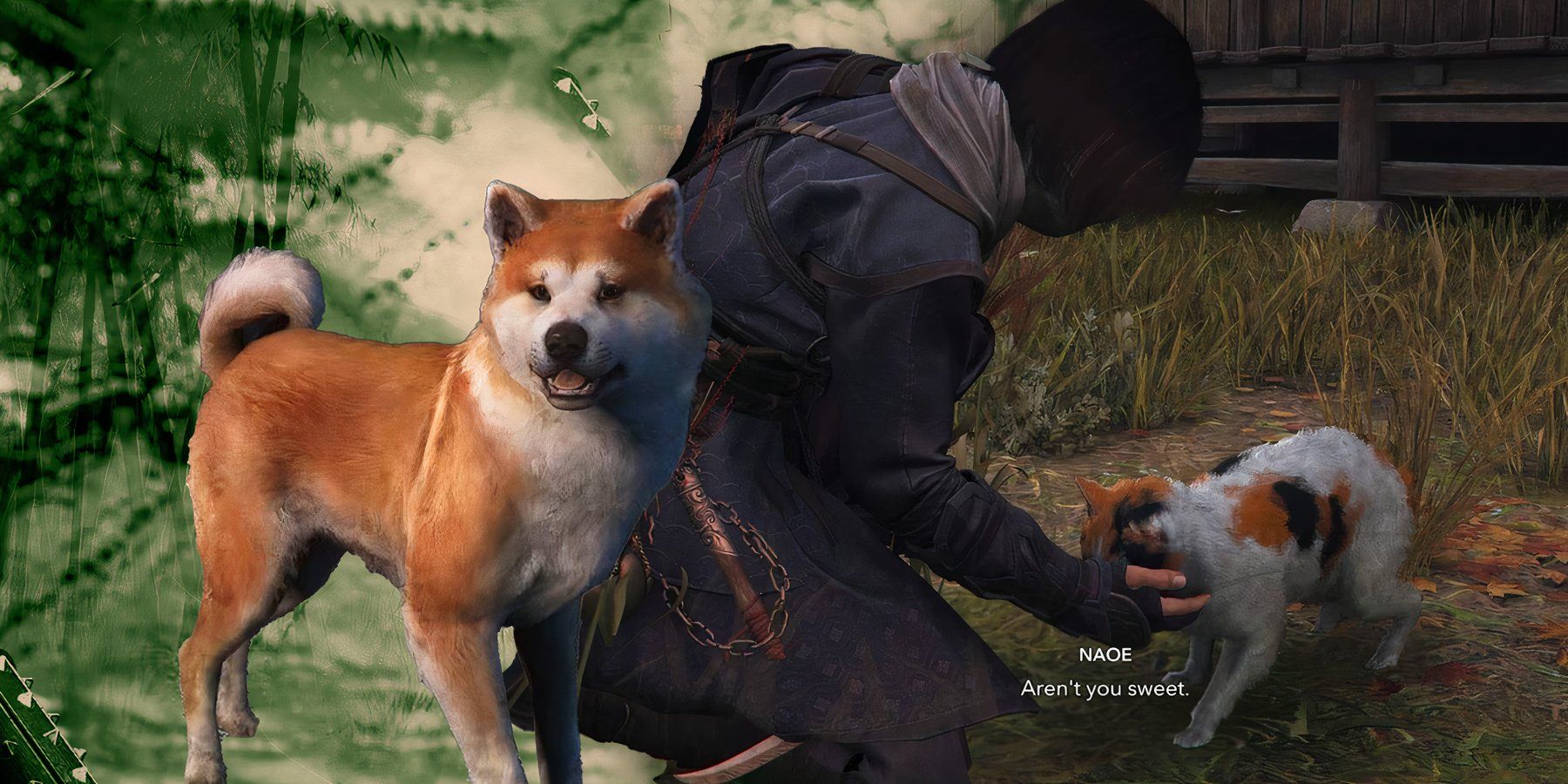 Petting a dog and cat in AC Shadows
