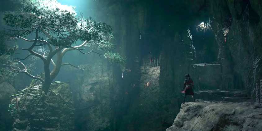 Assassin's Creed Shadows Ishibutai Kofun Main Chamber with the big tree and naoe looking across