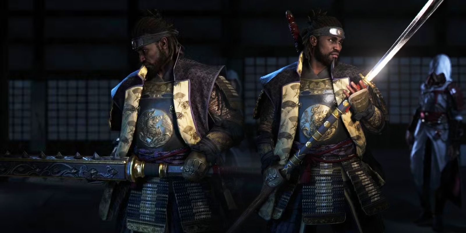 Yasuke from AC Shadows back to back with himself holding a Kanabo and a Naginata