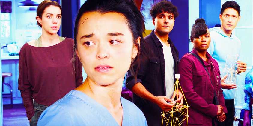 Adelaide Kane as Jules, Midori Francis as Mika, Niko Terho as Lucas, Alexis Floyd as Simone and Harry Shum Jr. as Blue in Grey's Anatomy season 21