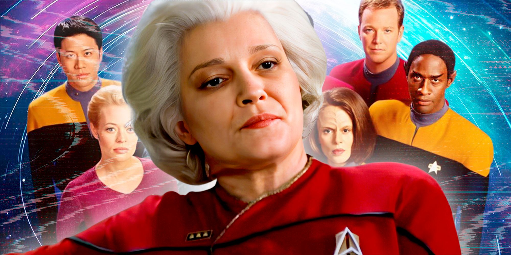 Admiral Janeway in Star Trek Voyager&rsquo;s finale Endgame and the cast of Star Trek Voyager season 7