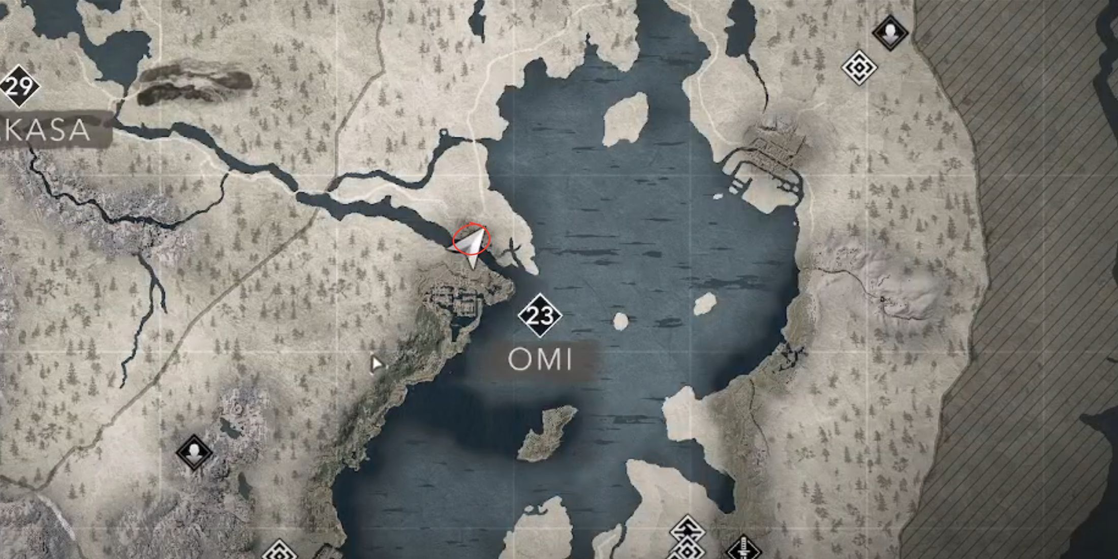 The location for the northern Ado River Valley Jizo Statue is shown on the map for AC Shadows.