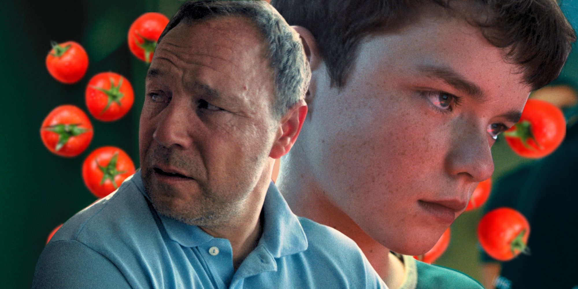 Stephen Graham as Eddie Miller, and Owen Cooper as Jamie Miller in Adolescence with tomatoes in the background
