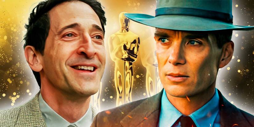 An edited image of Adrien Brody in The Brutalist and Cillian Murphy in Oppenheimer with an Oscars statue in the background.