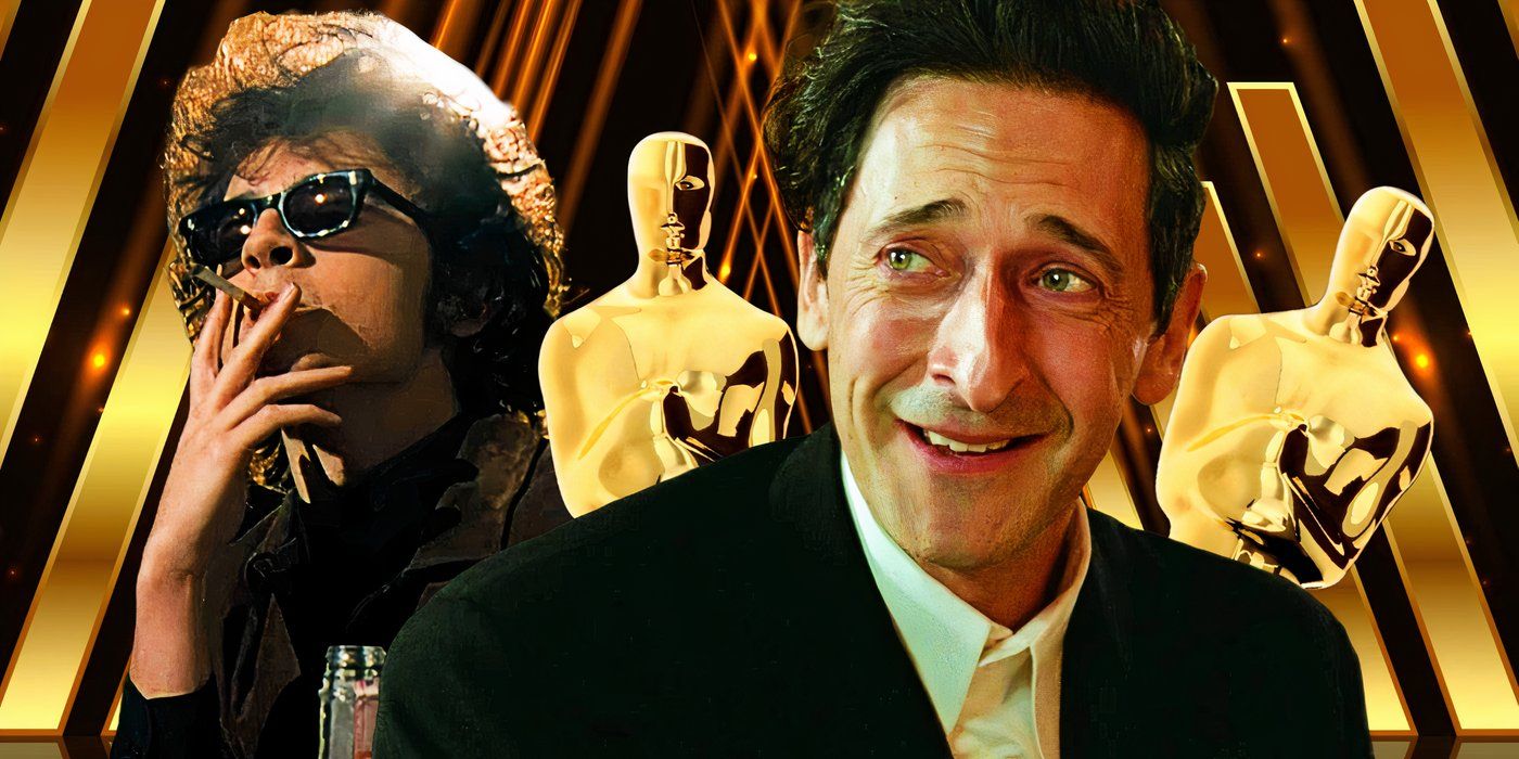 Timothée Chalamet in A Complete Unknown and Adrien Brody in The Brutalist with Oscars