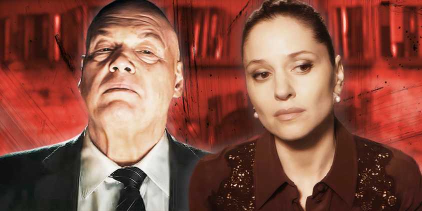Kingpin looking quietly dominant and Heather looking concerned in Daredevil: Born Again (2025)