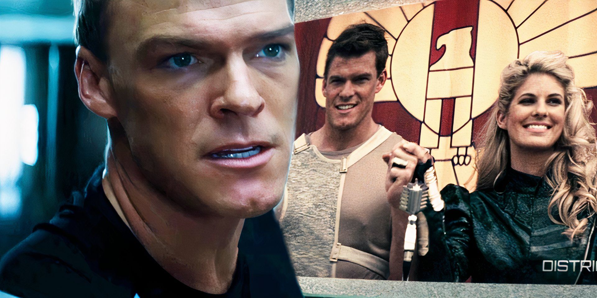 Alan Ritchson como Gloss segurando a mão de Cashmere em Catching Fire