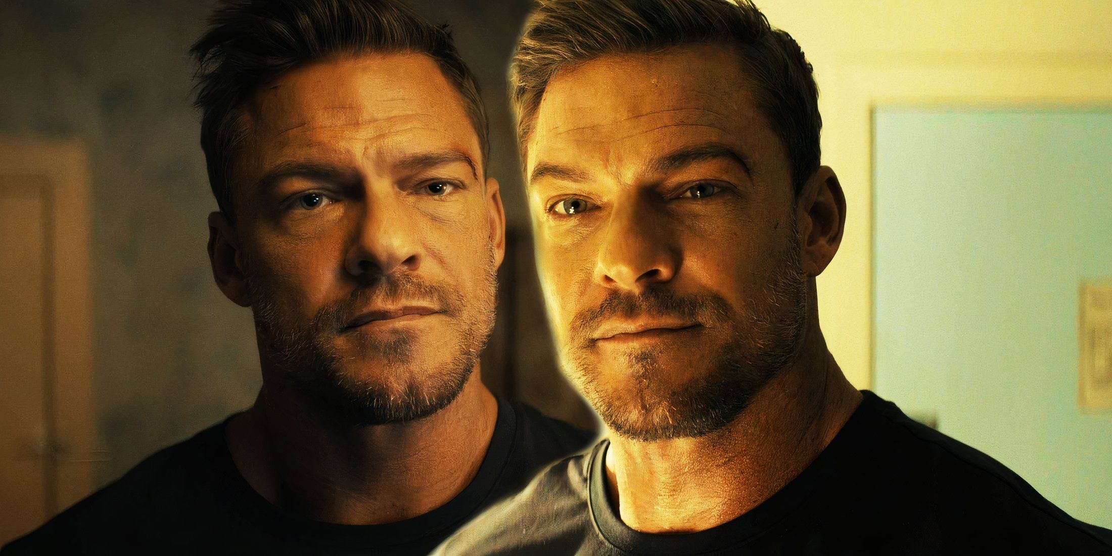 Alan Ritchson as Jack Reacher looking serious next to Reacher smiling in Reacher season 3