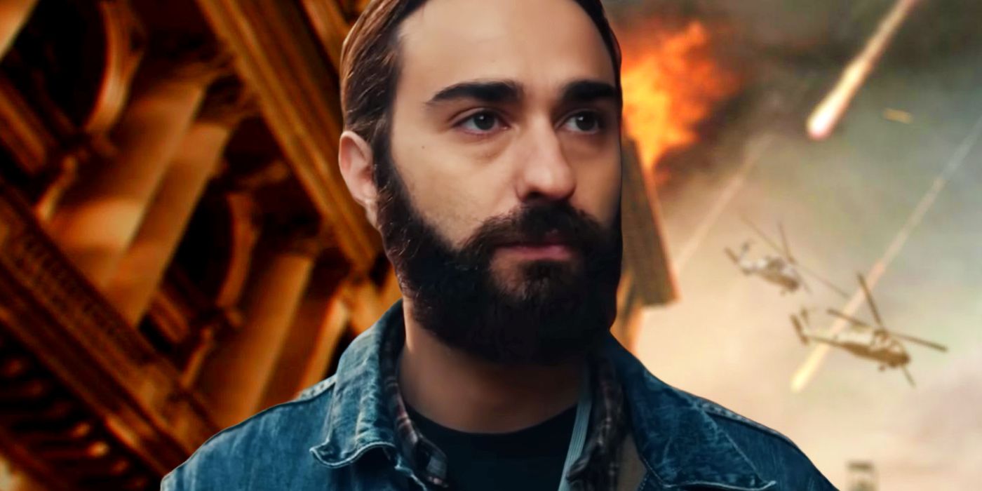 Alex Wolff from A Quiet Place looking upward in front of New York City destruction