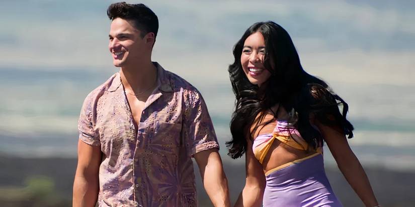 Alexa and Lino holding hands and smiling on Temptation Island