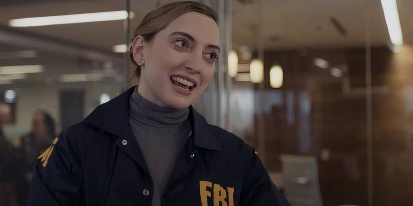 Alexandra Ruddy as FBI Agent Mercer mid-sentence on Deli Boys