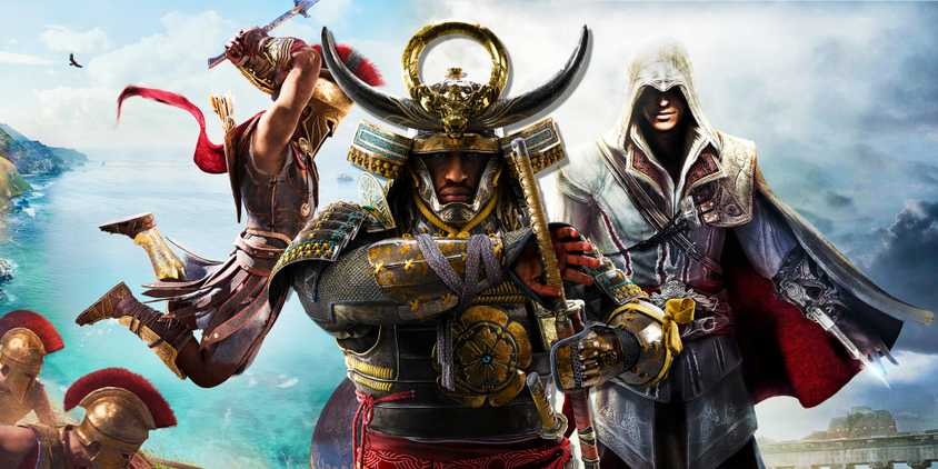 Alexios, Ezio, and Yasuke in various poses in a collage of images from Assassin's Creed, Odyssey, and Shadows.