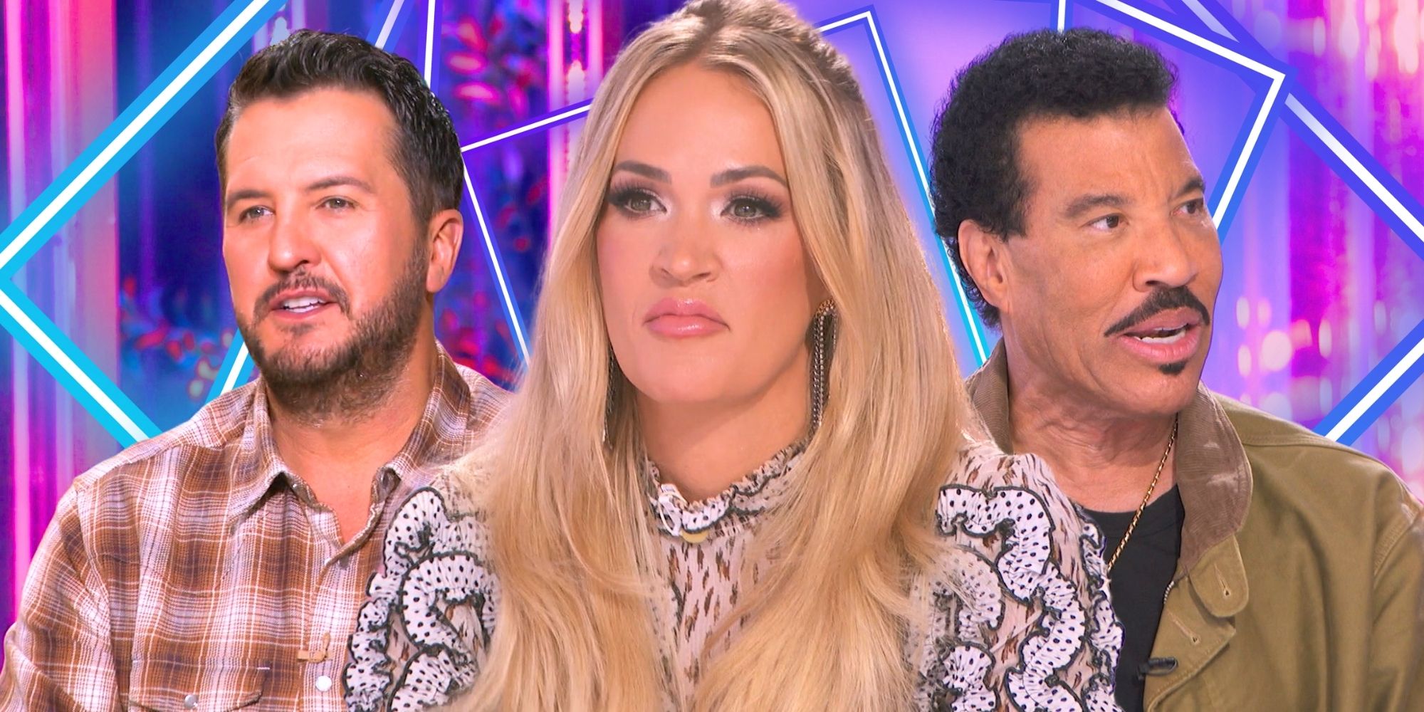American Idol’s Carrie Underwood flanked by Luke Bryan and Lionel Richie, each looking distressed.