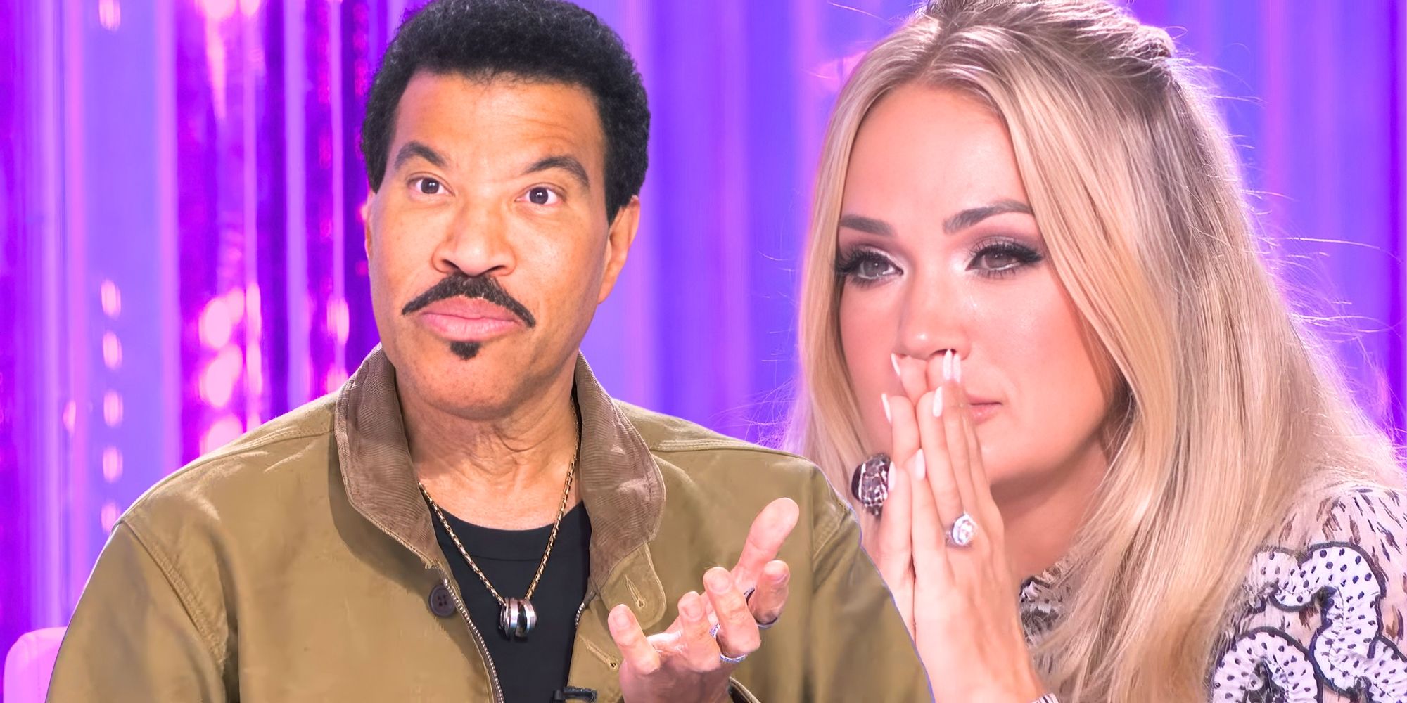 American Idol’s Lionel Richie widens his eyes and Carrie Underwood folds her hands like in prayer.