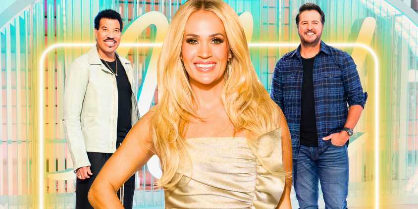 american idol stars lionel richie carrie underwood and luke bryan smiling in montage with blue and yellow background