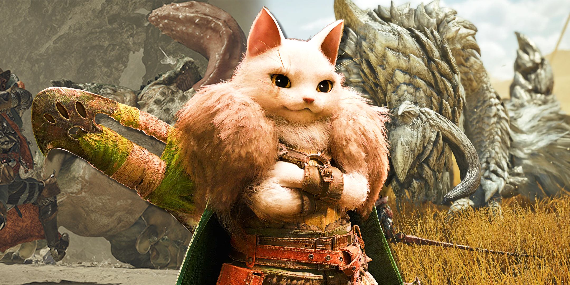 An angry-looking Palico in front of a collage of monsters from Monster Hunter Wilds.