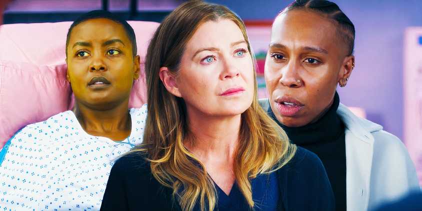 Andrea Bordeaux as Tasha, Ellen Pompeo as Meredith and Lena Waithe as Evynn in Grey's Anatomy season 21, episode 11