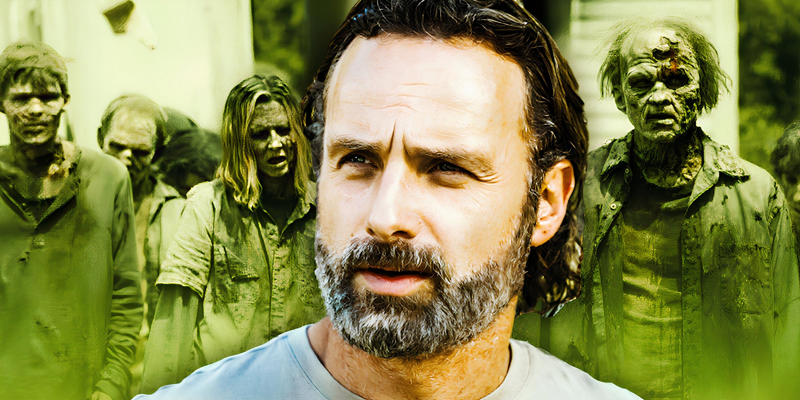 Andrew Lincoln as Rick Grimes with zombies behind him in The Walking Dead