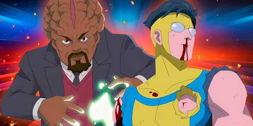 Angstrom Levy creating a portal and Mark Grayson with a ripped suit in Invincible