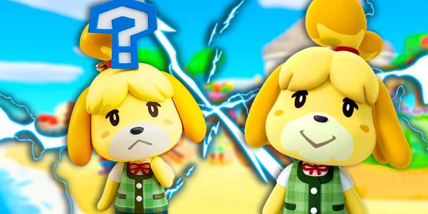 Animal Crossing's Isabelle looking confused and happy with gameplay behind her.