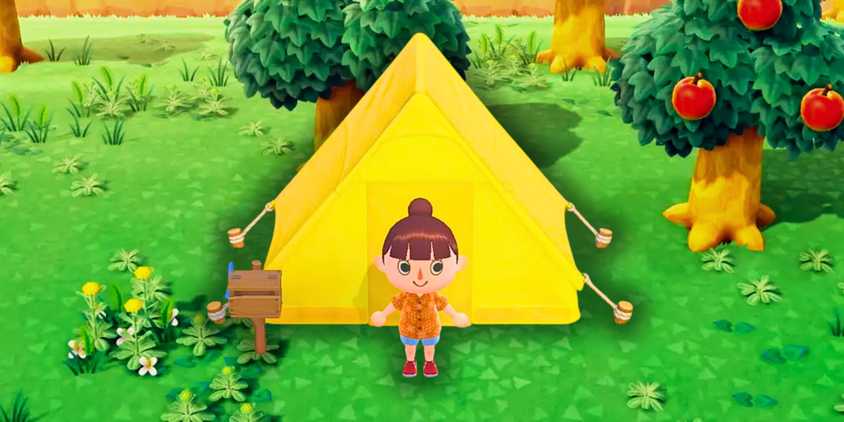 Animal Crossing New Horizons island with weeds and apples and a player with a new tent in the middle