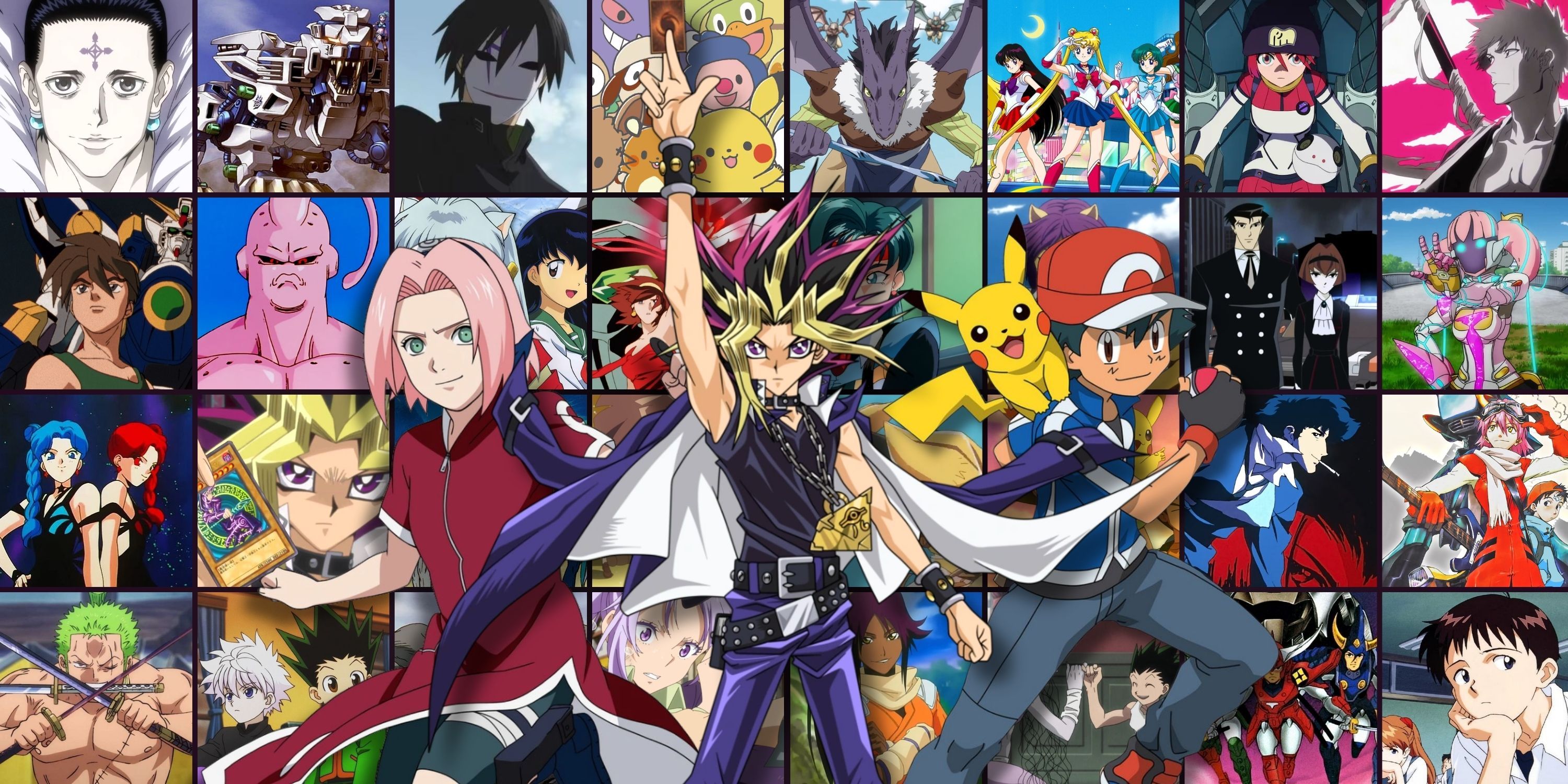 A banner image of classic anime characters with Sakura Hino, Yugi Muto, and Ash Ketchum in the foreground.