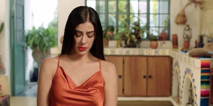 Any Aguirre in 90 Day Fiance in orange dress during confessional