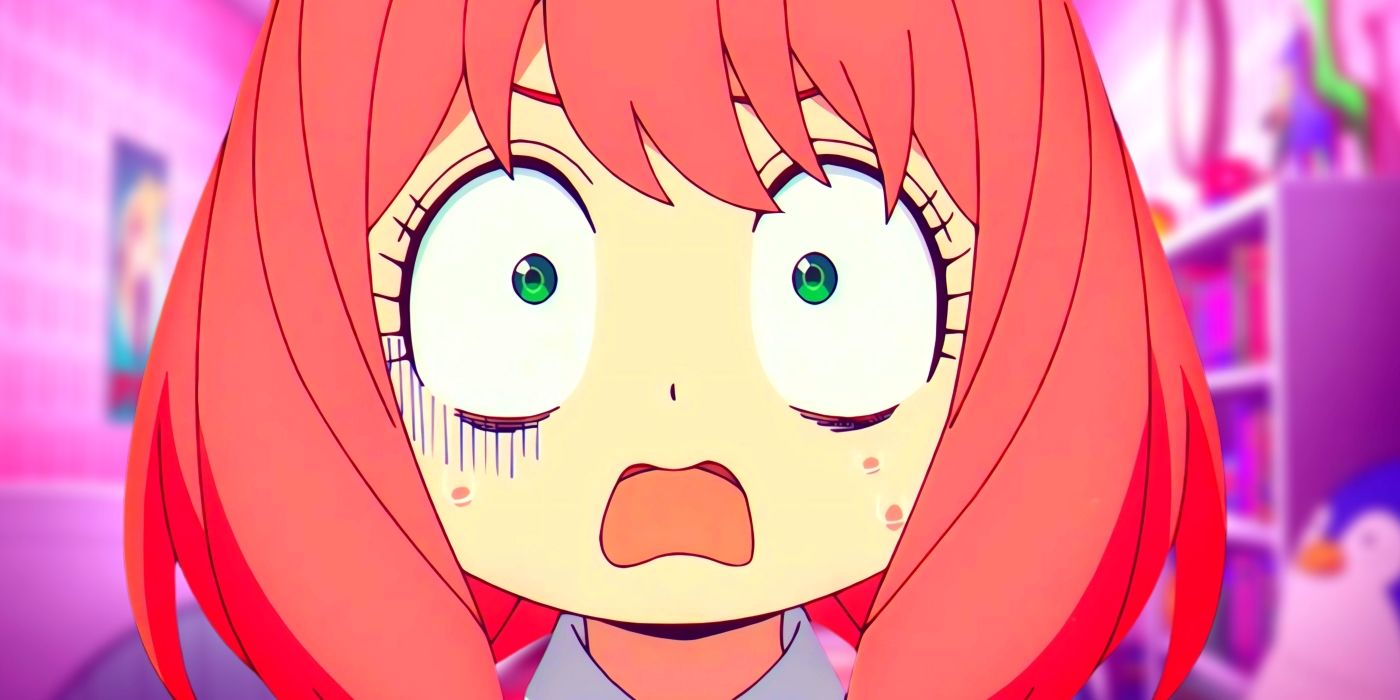 Anya looking worried, with sweat coming down her face. Behind her, her room can be seen.