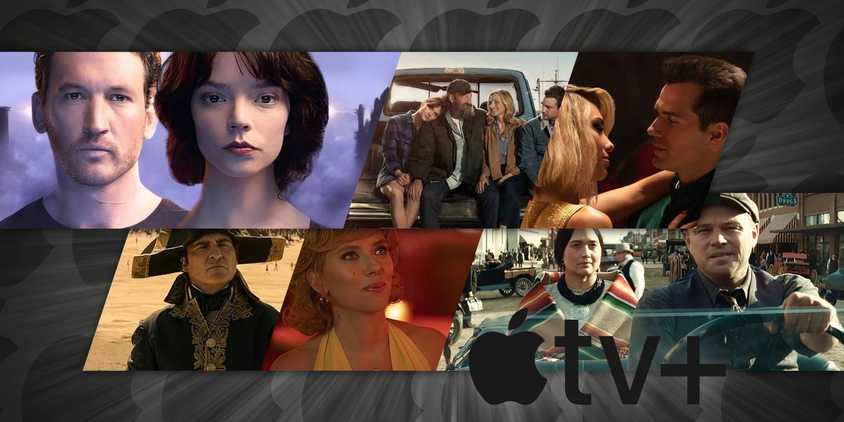 Collage of The Gorge, CODA, Argylle, Napoleon, Fly Me to the Moon, & Killers of the Flower Moon with the AppleTV+ logo