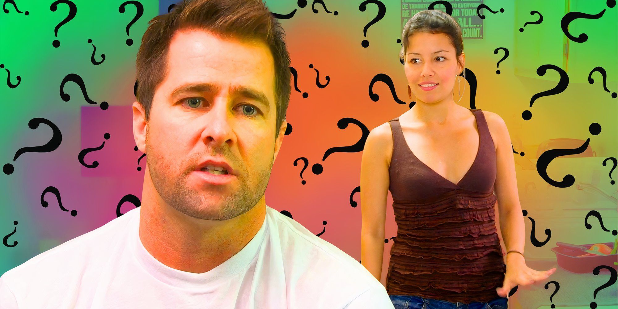 Justin looking angrily at Evelyn Halas who is smiling in 90 Day Fiancé with question marks