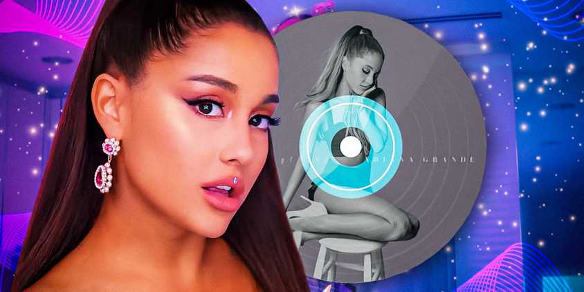 Ariana Grande in her music video for 7 Rings, edited with a vinyl of her My Everything album.