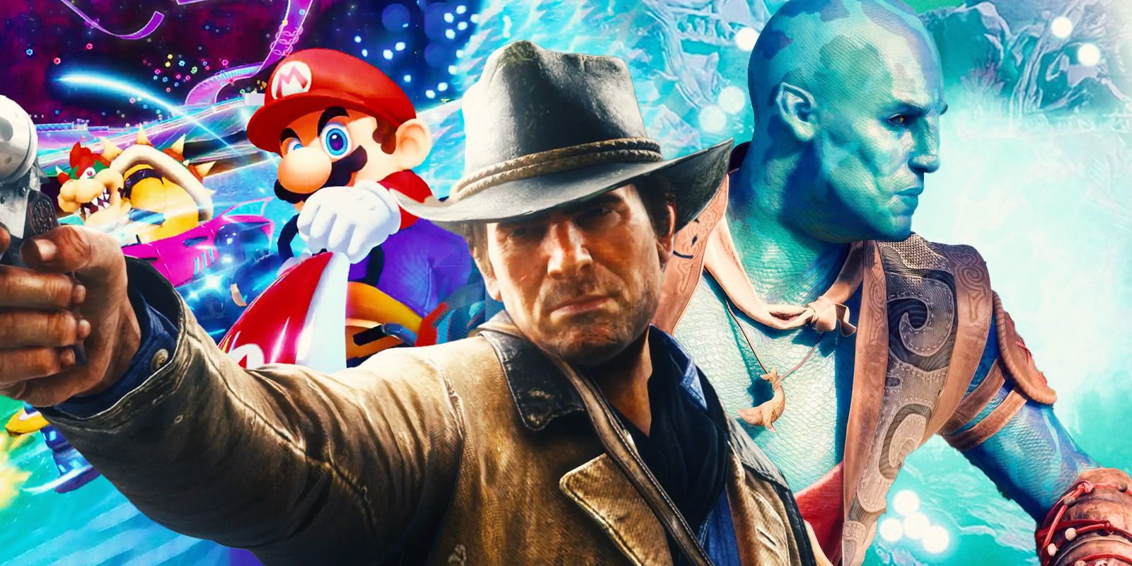 Arthur from RDR2 with characters from Mario Kart 8 and Awoved