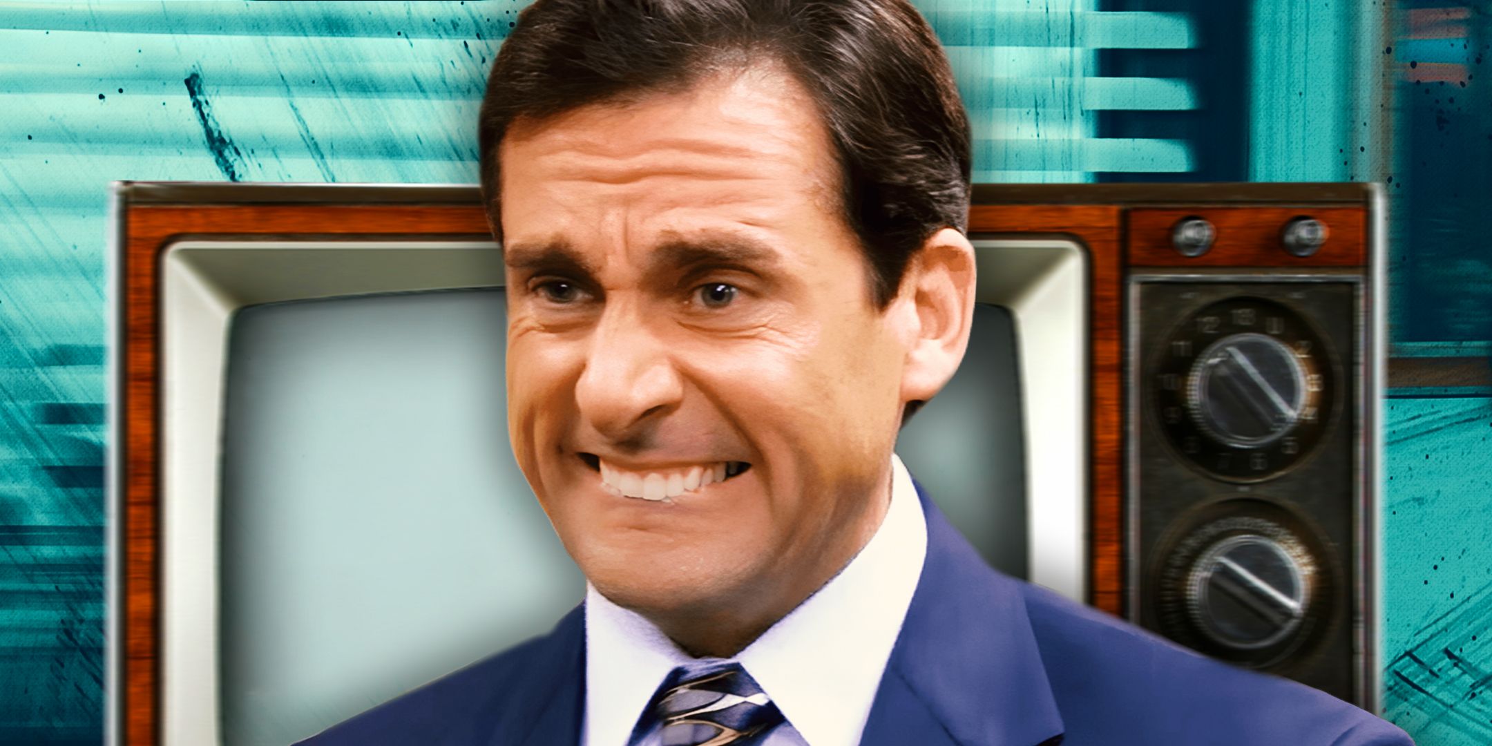 Michael Scott grimacing in front of an old-fashioned television and a teal background.
