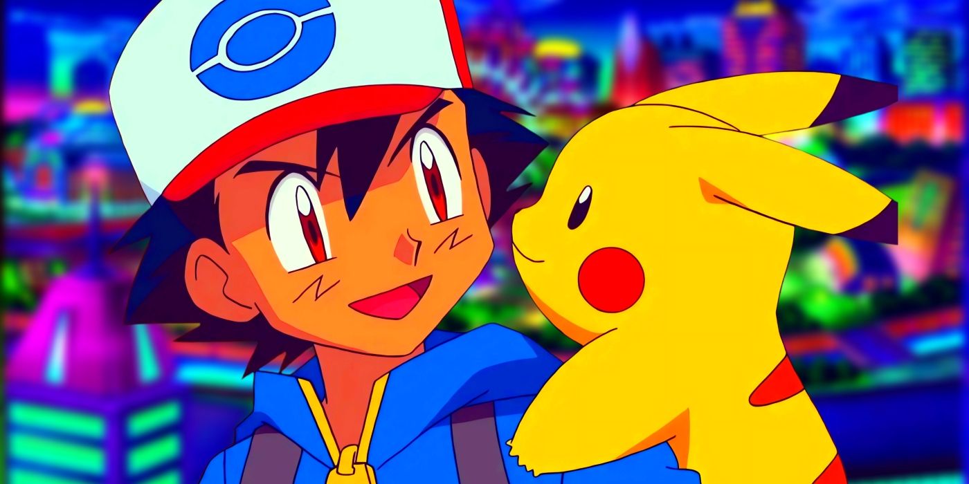 Ash and Pikachu smiling at each other during the Black and White era. Behind them, Nimbasa City can be seen.