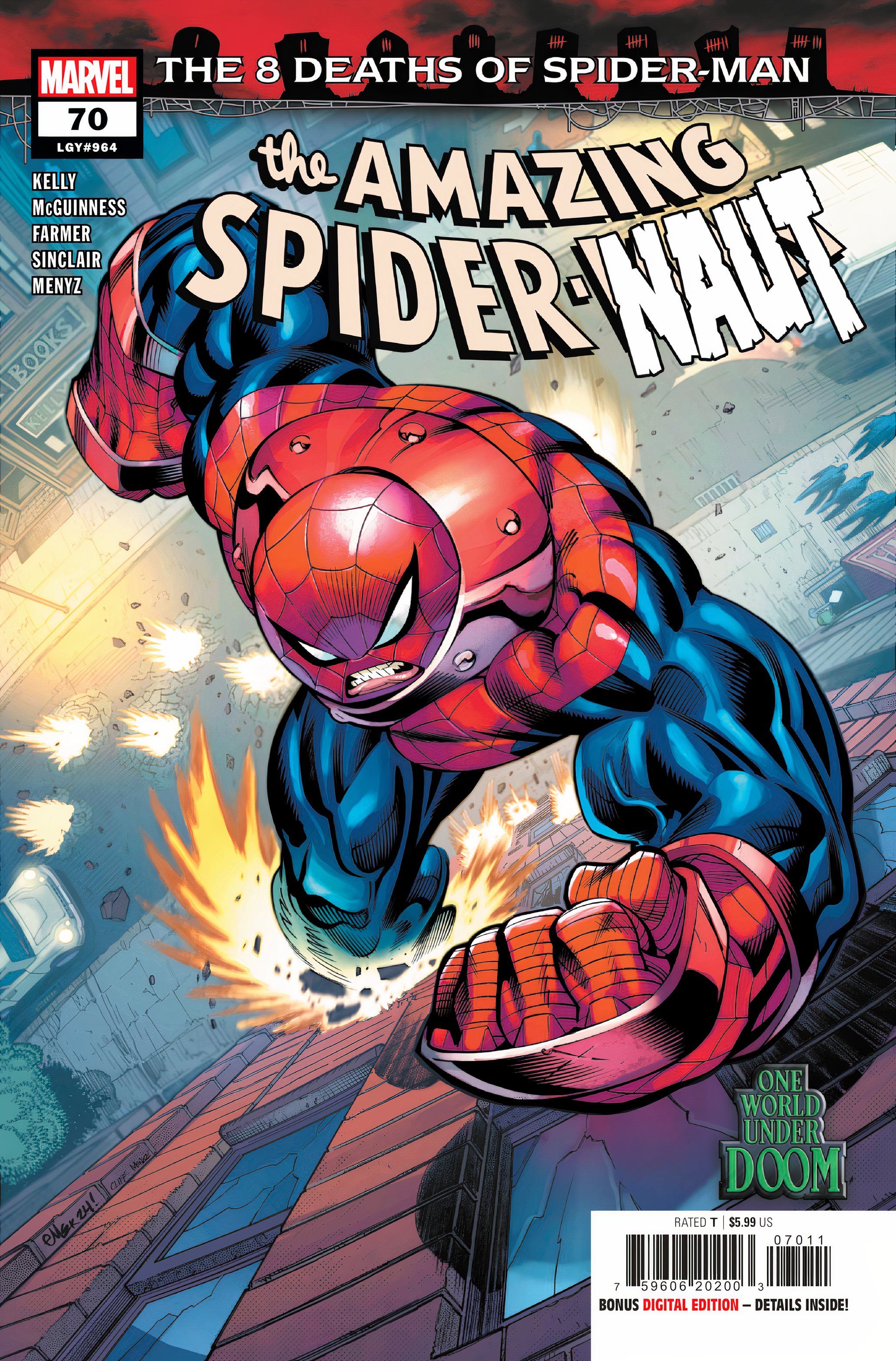 Spider-Man runs up the side of a building as a Juggernaut.