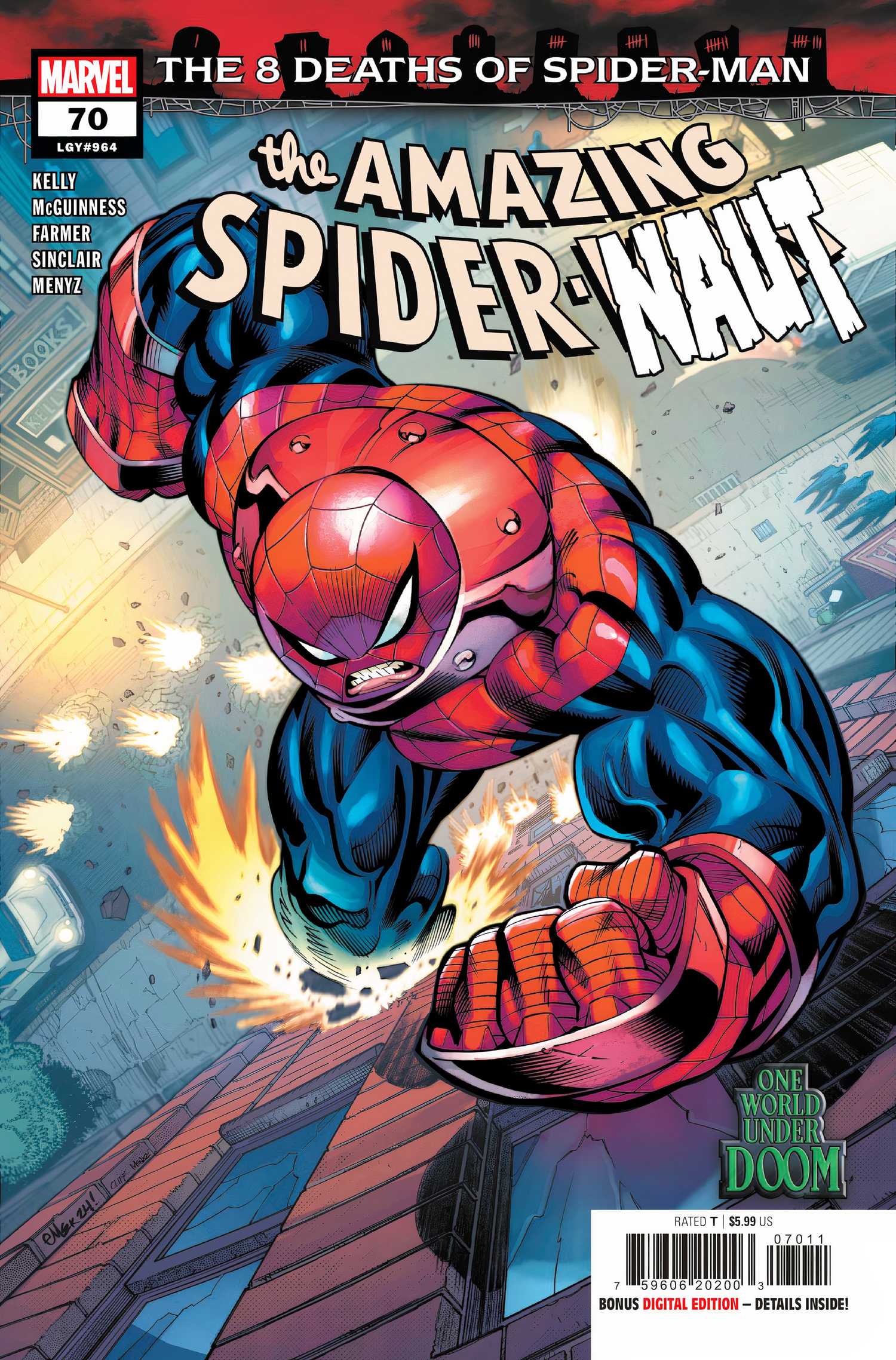 Spider-Man runs up the side of a building as a Juggernaut.
