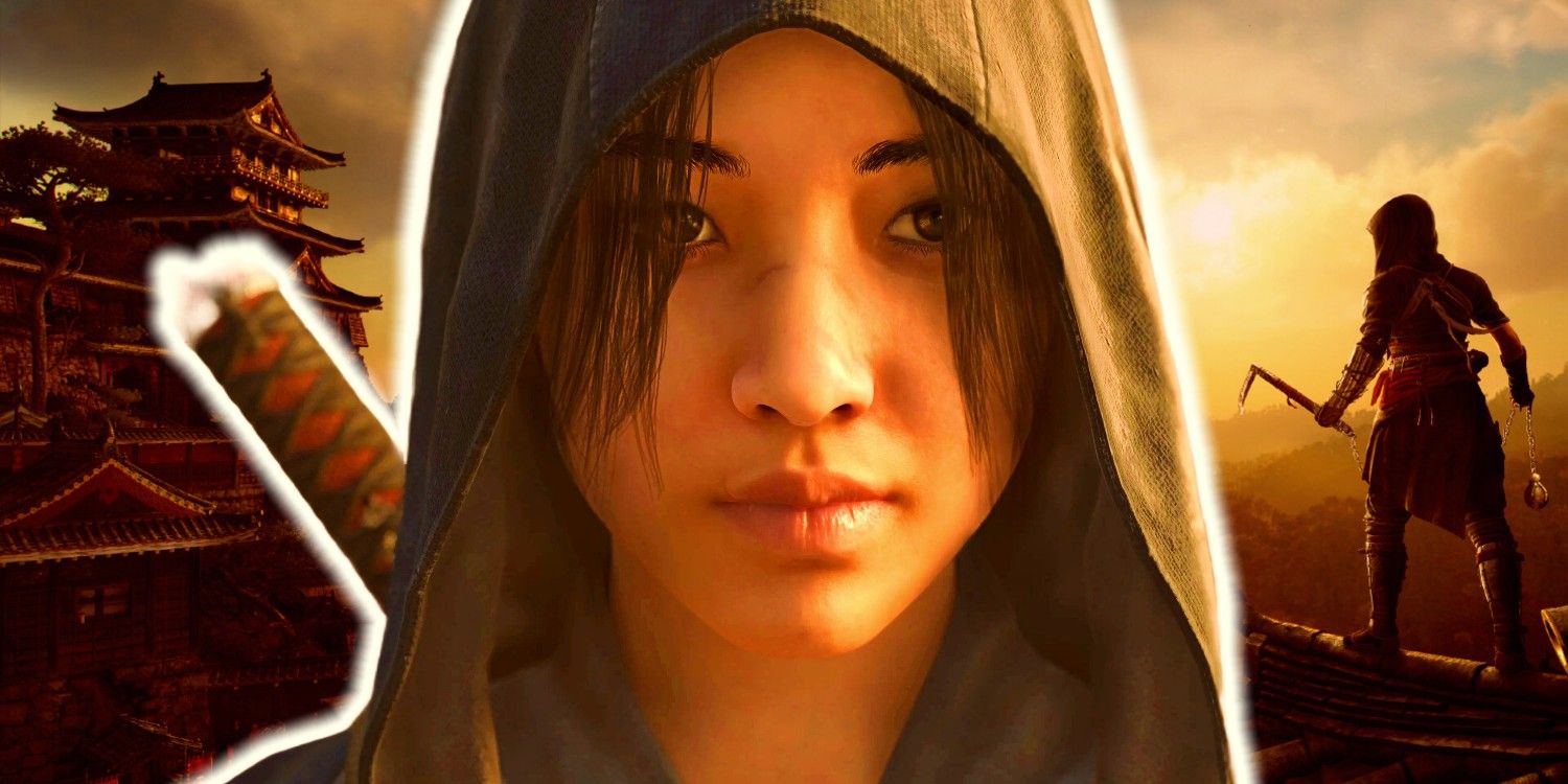 Assassin&rsquo;s Creed Naoe in front of a background of herself at dusk.