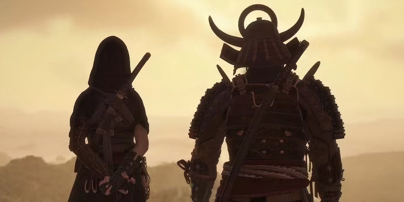 Assassin's Creed Shadow Protagonists on Horseback Looking At Sunset