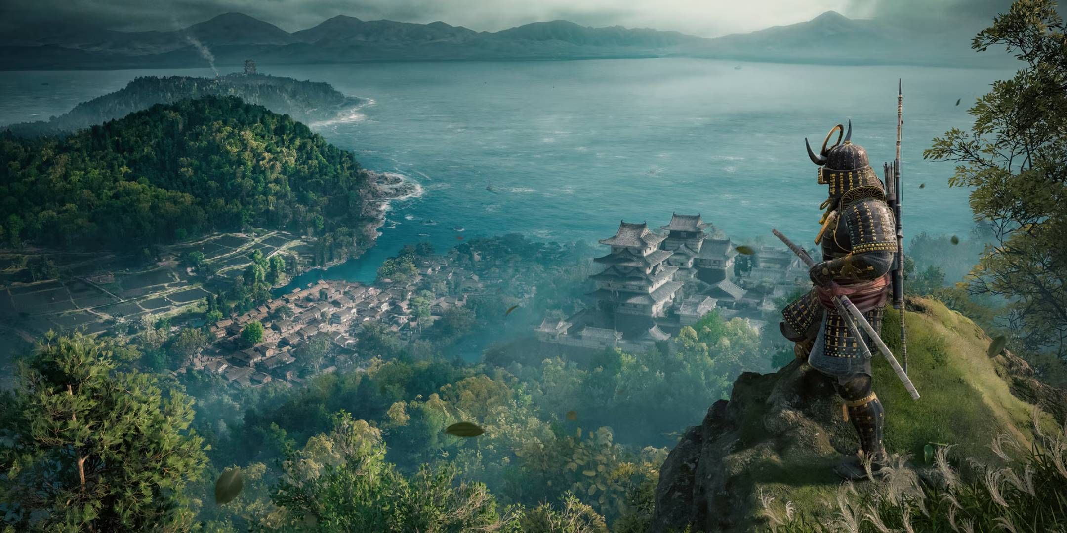 Yasuke standing on the edge of a cliff looking at a distant city in the Claws of Awaji Assassin&rsquo;s Creed Shadows DLC.