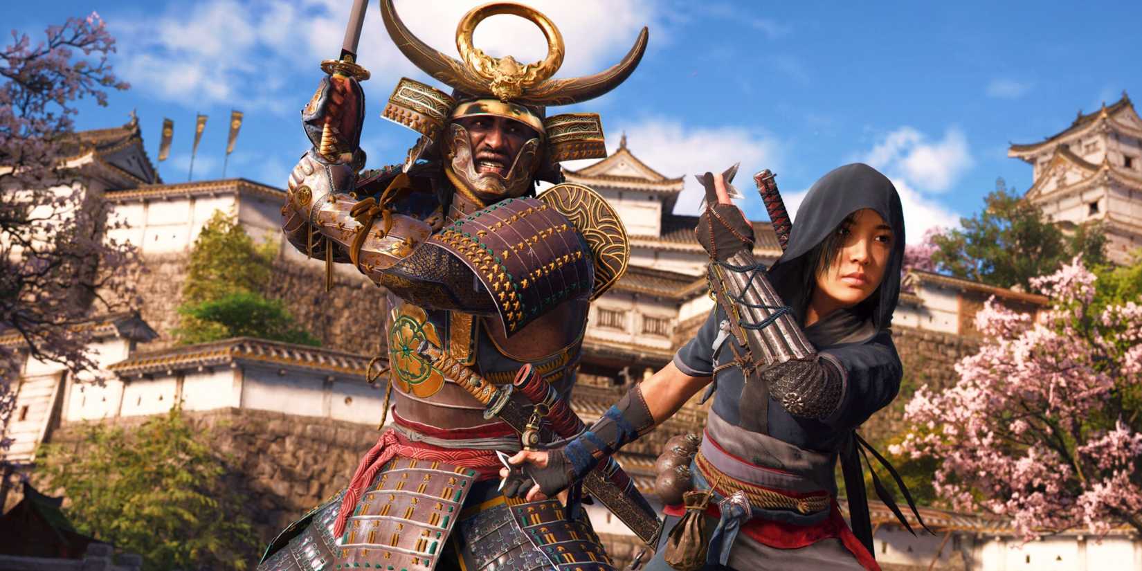 Assassin's Creed Shadows key art showing Yasuke and Naoe ready for battle.