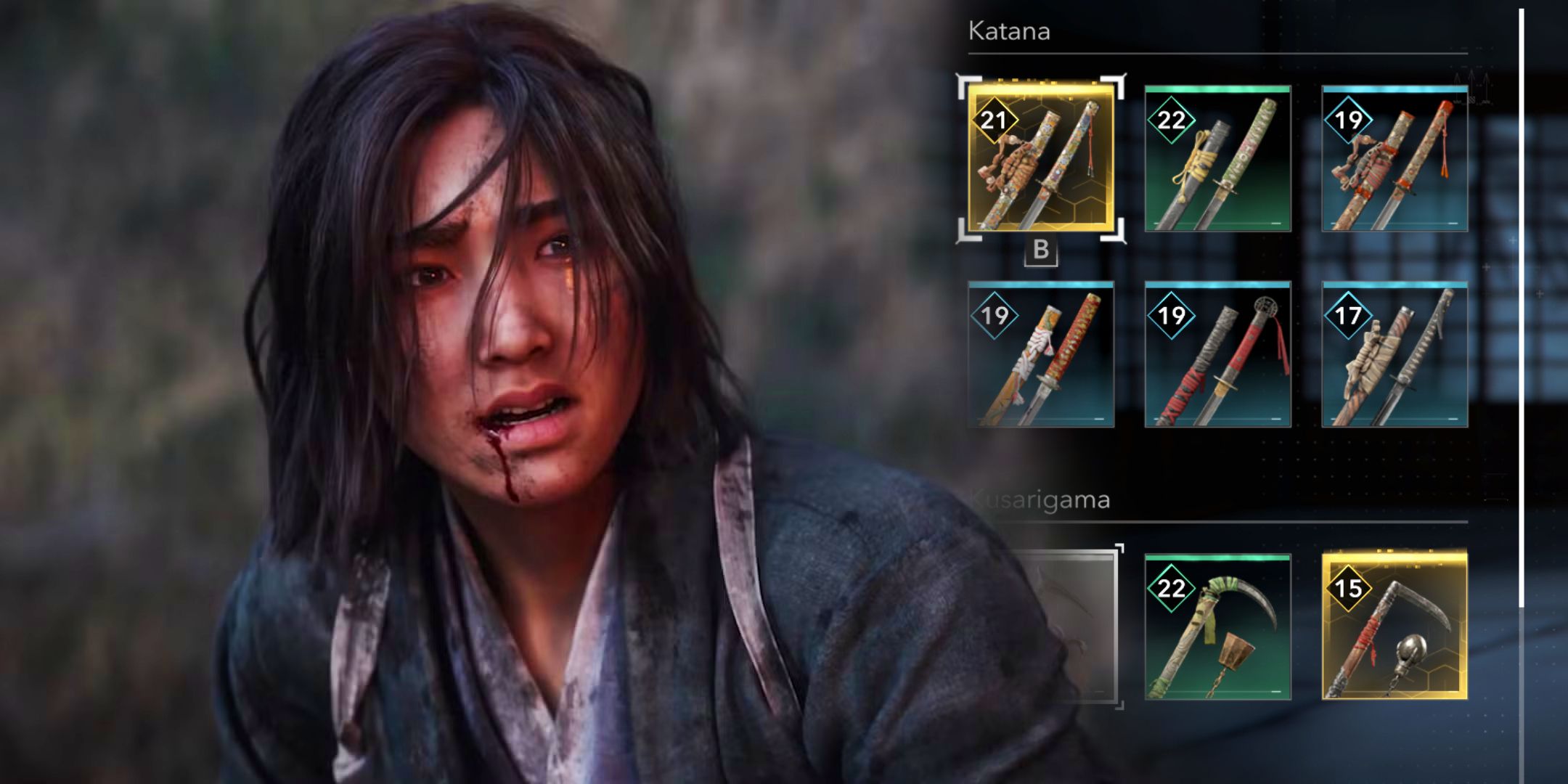 Naoe looking shocked at the weapons from Assassin&rsquo;s Creed Shadows in the inventory