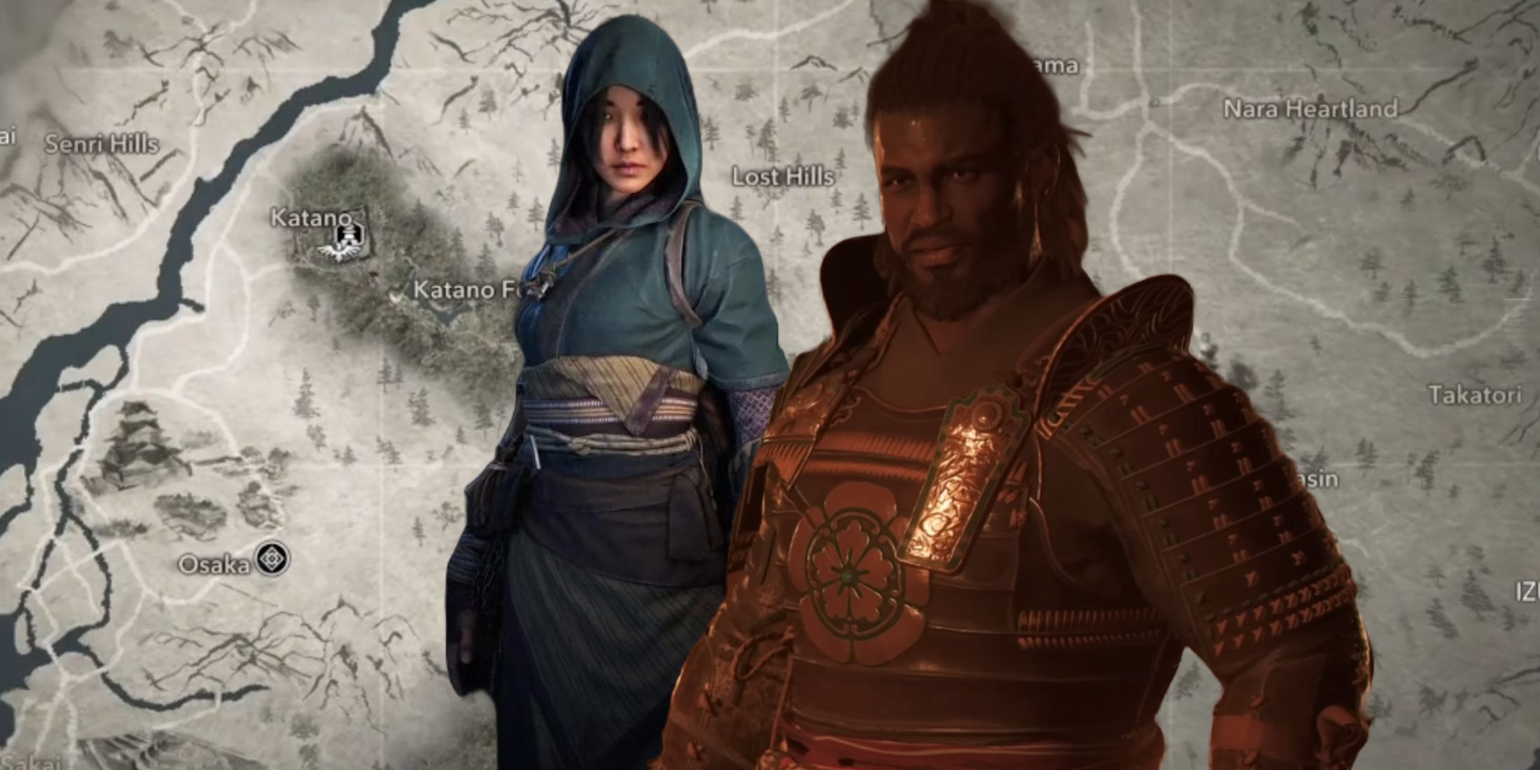 Naoe and Yasuke against the map in Assassin&rsquo;s Creed Shadows