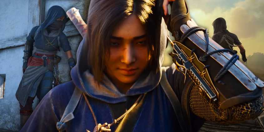 Naoe pulling up her hood in Assassin's Creed Shadows with gameplay of her behind her.