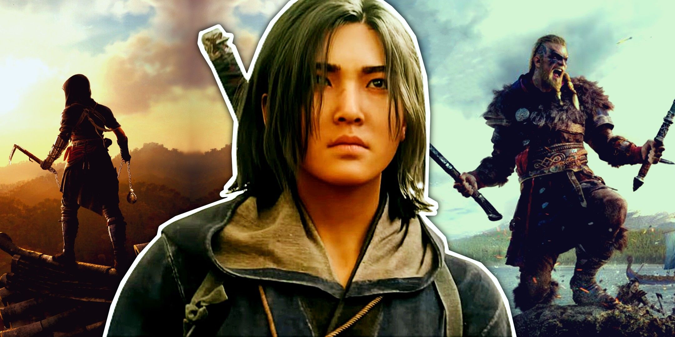 Assassin&rsquo;s Creed shadows Naoe in front of an image of a ninja and valhalla main character.