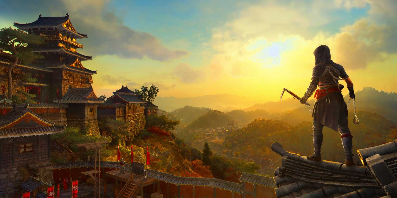 A wide shot of Naoe in Assassin's Creed Shadows looks at a temple.