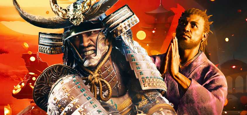 Two images of Yasuke in Assassin's Creed Shadows, one in samurai armor and the other in casual clothes.