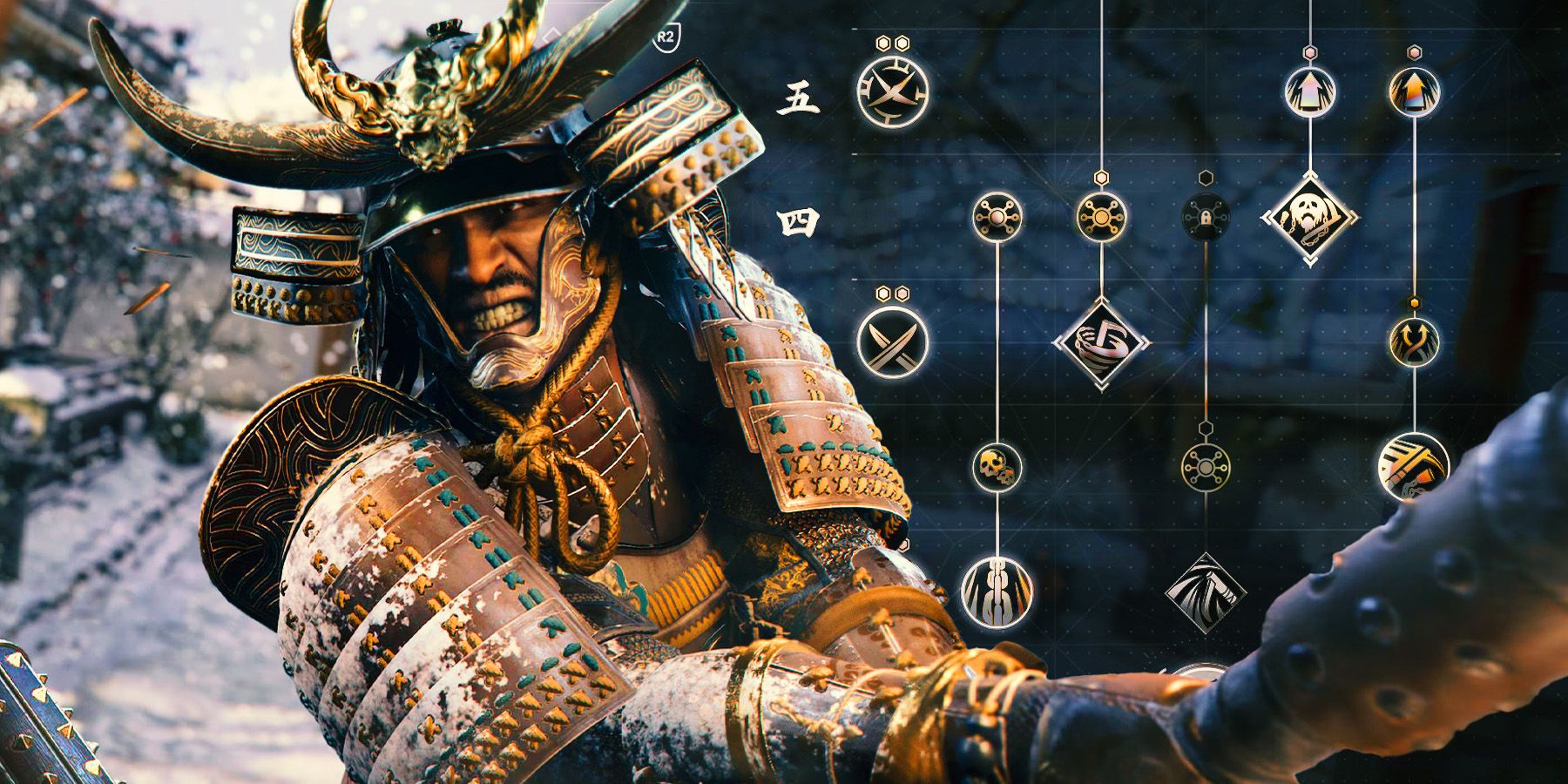 Assassin's Creed Shadows 'Yasuke com a árvore de habilidades em segundo plano