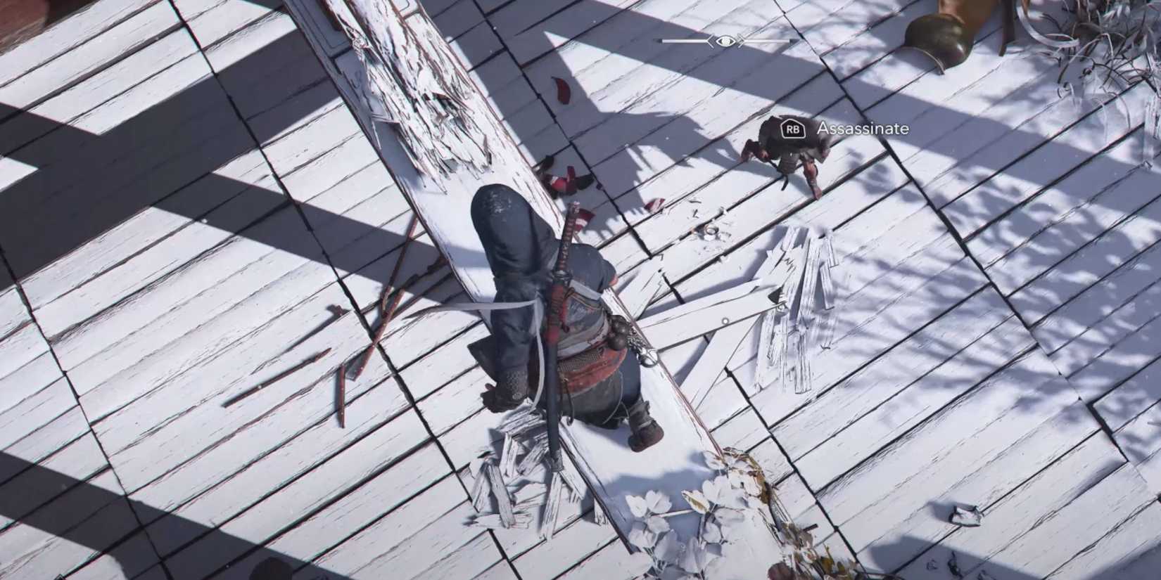 Naoe is waiting for the right time to jump from the beam and assassinate an enemy in AC Shadows.