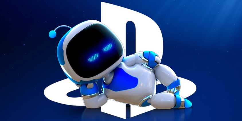 Astro Bot lounging in front of the PlayStation logo.
